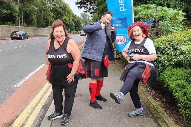 Falkirk residents Barbara Bryceland, Chris Judge and Jean Barr were among those who took part in the Virtual Kiltwalk Weekend 2020. Picture: Michael Gillen.