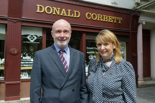 Donald Corbett Jewellers, the business celebrates 50 years in Falkirk. Pictured are Donald Corbett junior, director, with his sister Laura Wilkie, director.   (Pic: Michael Gillen)