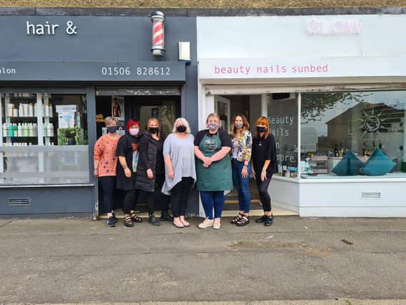 The staff at Hair and Glow, Bo'ness. Left to right: Claire (barber) Lisa (stylist) ashley (owner)Johann (nail technician) Kim (nail technician) Jayde (dermaplanner & teeth whitener) Megan( apprentice).
