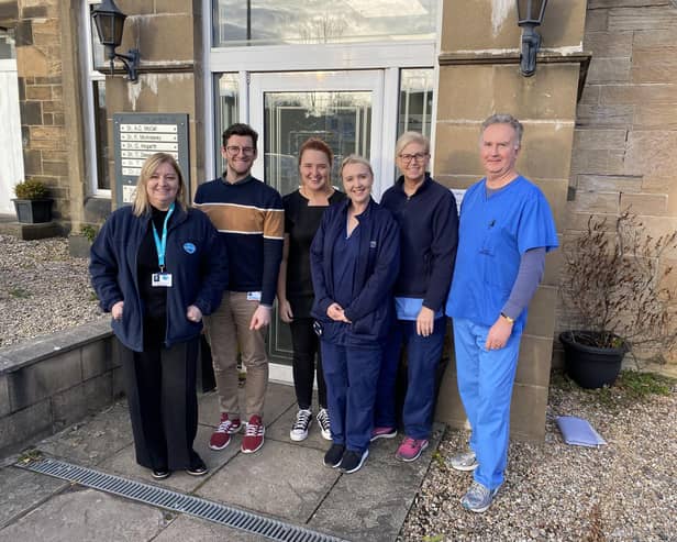 Left to right: Helen Donoghue, Strathcarron Hospice clinical nurse specialist and from Meeks Road Surgery, community pharmacist William Hayden, practice manager Chantelle Cullen, district nurse Rachel McGregor, community staff nurse Shelagh Nelson and GP Dr Alastair McCall. Pic: Contributed