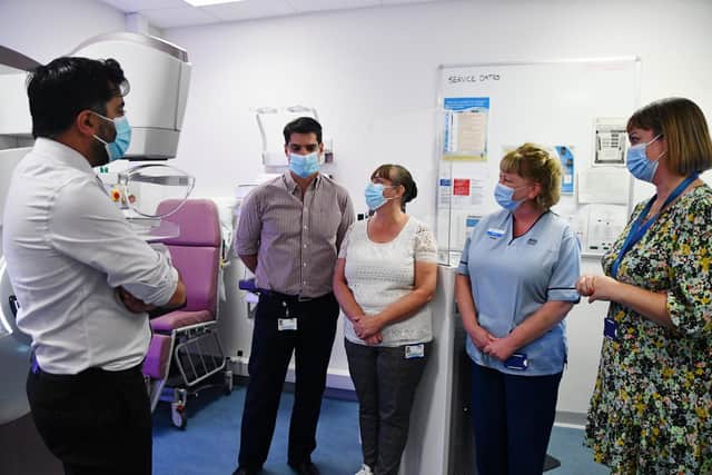 Health Secretary, Humza Yousaf meets Dr Fotios Constantinidis, consultant radiologist; Michaela Gardner, advanced practitioner - radiology; Barbara Kerr, healthcare support worker and trainee assistant practitioner- radiology; and Ms Juliette Murray, deputy medical director for acute services and consultant breast surgeon NHS Forth Valley