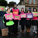 Striking teachers form a picket line outside Larbert Village Primary School. Pic: Michael Gillen