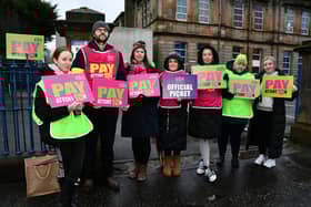Striking teachers form a picket line outside Larbert Village Primary School. Pic: Michael Gillen