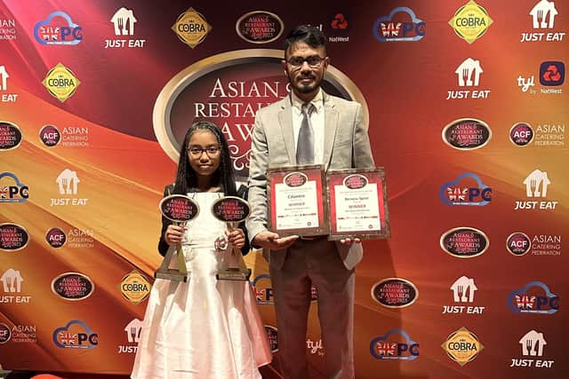Mohammad Abbas with daughter Arisha (10) at the Scottish Asian Restaurant Awards 2023 where both his restaurants - Bo'ness Spice and Cilantro in Edinburgh - picked up awards.  (Pic: submitted)