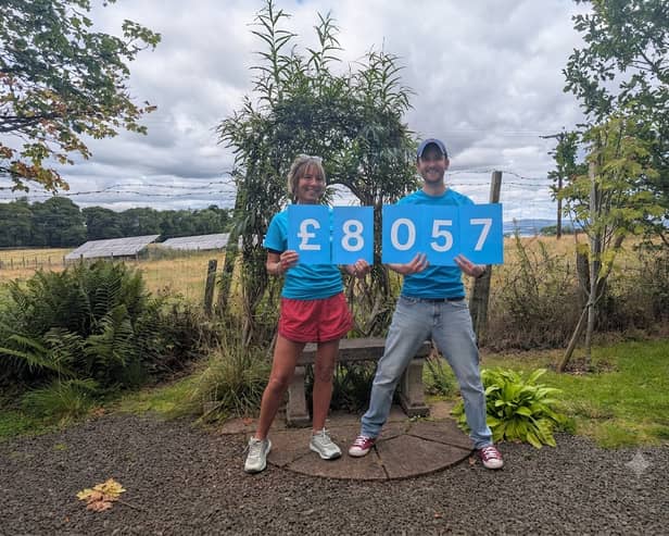 Bo'ness resident Rachael Macdonald spent her 60th birthday walking 60 miles to raise money for Parkinson's UK in honour of her mother. Rachel pictured with Parkinson’s UK community fundraiser, Bruce Port. (Contributed).