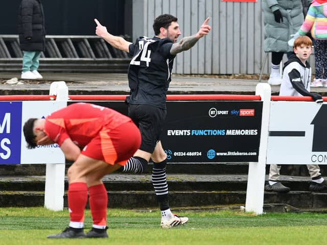 Scott Dunn wheels away after scoring to put Kirkcaldy & Dysart 2-0 up against East of Scotland First Division leaders Camelon Juniors last Saturday afternoon (Pictures by Michael Gillen)