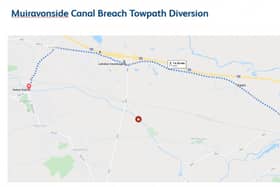 The proposed diversion route from  Station Road, Brightons to Kettilstoun, Linlithgow while the Union Canal towpath is closed.