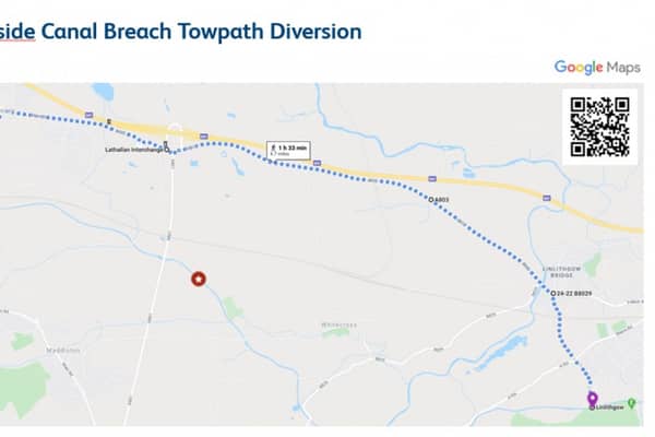 The proposed diversion route from  Station Road, Brightons to Kettilstoun, Linlithgow while the Union Canal towpath is closed.