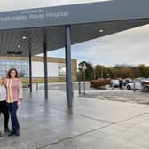 Aino Lindstrom (left) and Sarah Paeth are pictured outside the entrance of Forth Valley Royal Hospital after joining as midwives from overseas. Pic: Contributed