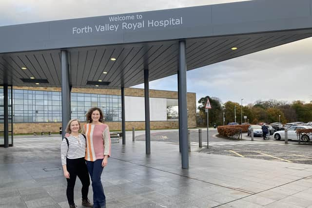 Aino Lindstrom (left) and Sarah Paeth are pictured outside the entrance of Forth Valley Royal Hospital after joining as midwives from overseas. Pic: Contributed