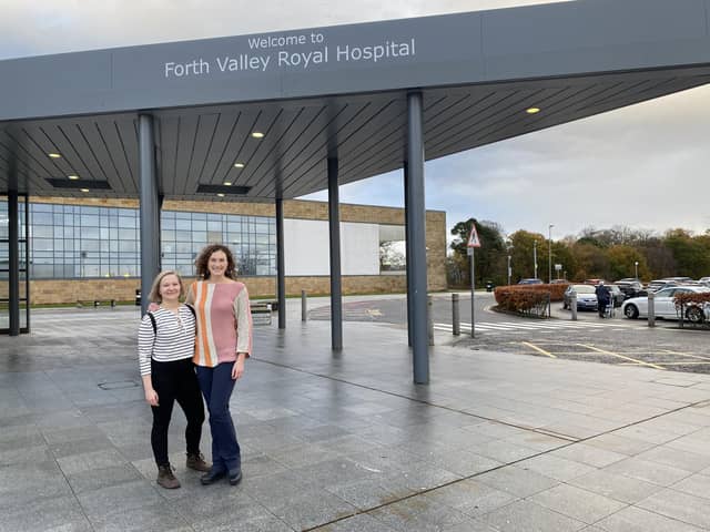Aino Lindstrom (left) and Sarah Paeth are pictured outside the entrance of Forth Valley Royal Hospital after joining as midwives from overseas. Pic: Contributed