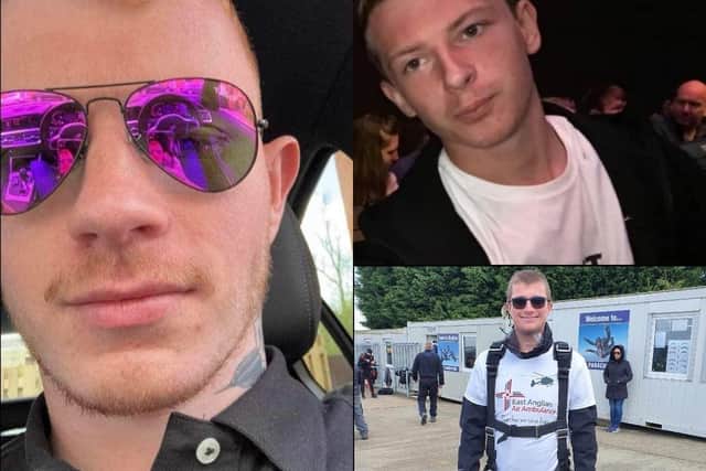 The three victims of the fatal crash last July: Connor Page, 21, left; Reece Williams, 23, top right; and Lewis Soden, 24, bottom right. Pics: Contributed