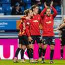 Falkirk manager John McGlynn’s visitors got the better of opposite number Dougie Imrie’s hosts at Cappielow Park in February by 2-0 thanks to first-half goals from Scott Arfield and Ethan Ross, on 19 minutes and 27 respectively. Arfield is pictured celebrating with Falkirk teammates after Ross put them 2-0 up (Photo: Mark Scates/SNS Group)