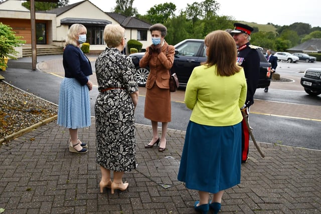 The Princess Royal is greeted by Lord Lieutenant of Stirling and Falkirk, Alan Simpson and the hospice team of Shona Struthers, council of management chairperson; Irene McKie, chief executive; and Marjory Mackay, director of nursing