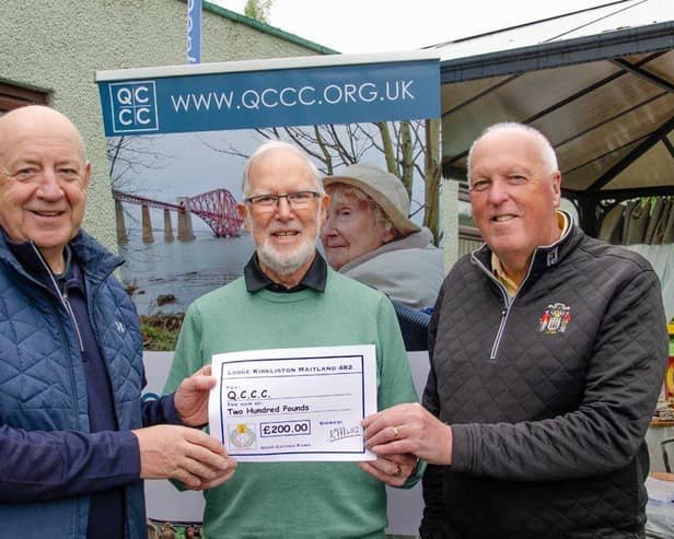 Stuart Donald from Lodge Kirkliston Maitland No 482 with Ian Laing and John Ferguson of QCCC.
