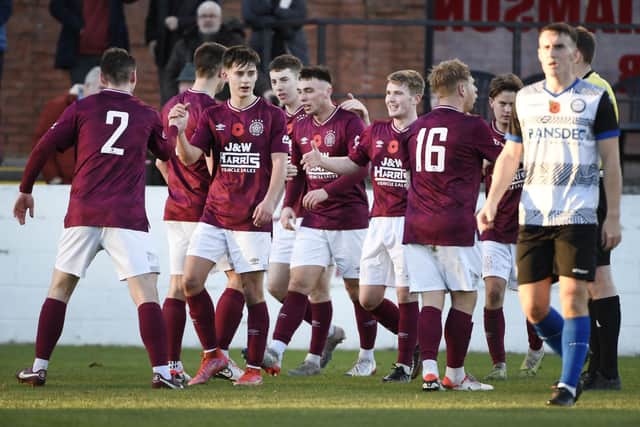 Linlithgow Rose celebrate their opener versus the Shire (Photo: Alan Murray)