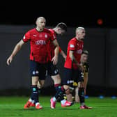 Conor Sammon with fellow Falkirk goalscorers at Dumbarton, Anton Dowds and Callumn Morrison