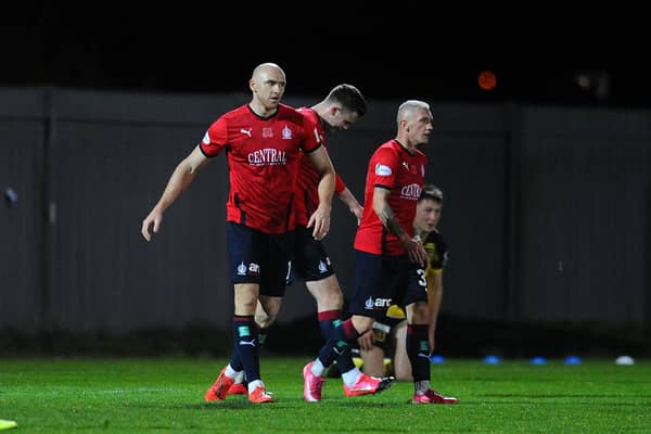 Conor Sammon with fellow Falkirk goalscorers at Dumbarton, Anton Dowds and Callumn Morrison