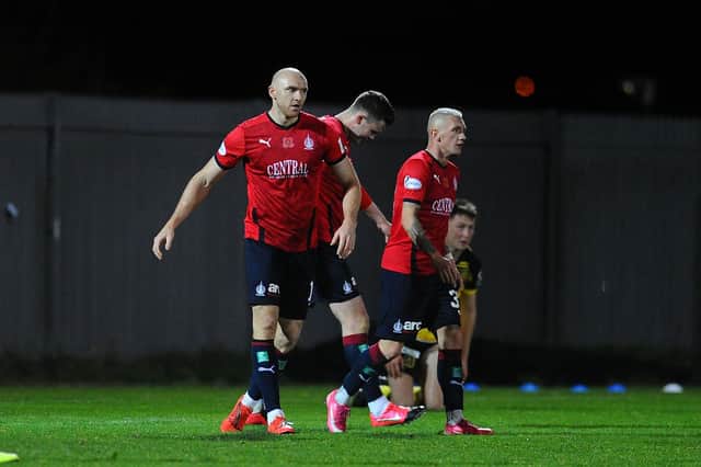 Conor Sammon with fellow Falkirk goalscorers at Dumbarton, Anton Dowds and Callumn Morrison