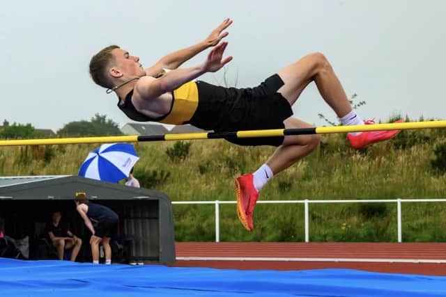 Falkirk Vics star Callan Campbell in U15 boys pentathlon long jump event (Photo: Bobby Gavin/SA)