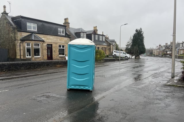 Probably not where this portable toilet is normally kept. But today strong winds placed it in the middle of Redding Road, Brightons.