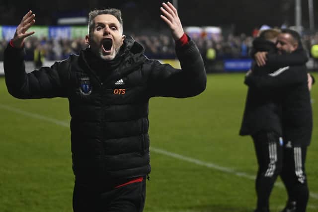 Darvel manager Mick Kennedy celebrates at Recreation Park after shock 1-0 win over Aberdeen (Pic by Rob Casey/SNS Group)