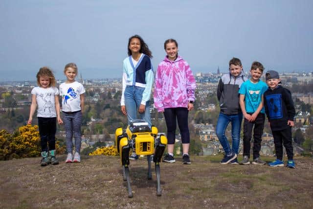 School pupils in Edinburgh with the new robot on Blackford Hill