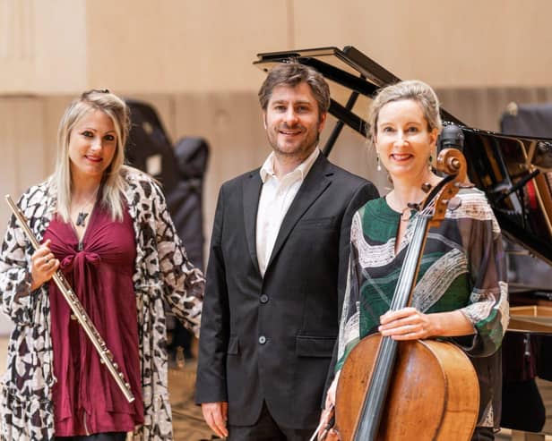 Earthtones Trio: Katherine Bryan, Euan Stevenson, Betsy Taylor.