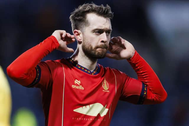 KIRKCALDY, SCOTLAND - JANUARY 25: Falkirk's Brad Spencer celebrates at fulltime during a William Hill Championship match between Raith Rovers and Falkirk at Stark's Park, on January 25, 2025, in Kirkcaldy, Scotland. (Photo by Mark Scates / SNS Group)