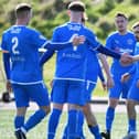 Bo'ness Athletic goalscorer Callum MacDonald is congratulated (Photo: Michael Gillen)