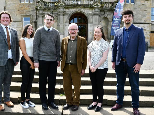 Dennis Canavan with the finalists in the 2023 scholarship award - winner Sophie Wood was working in American and unable to attend. Pictured: Cameron McPhee; Keira Nichol; Lawson McNaughton, highly commended; Dennis Canavan; Molly McGhee and Christopher Chalmers. Pic: Michael Gillen