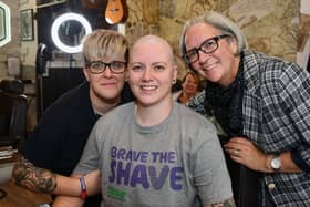 Suzanne Walker, from Falkirk, had her hair shaved by her mum, Roberta Walker, and her partner, Siobhan Carlin, to raise funds for Macmillan Cancer Support. Picture: Michael Gillen.