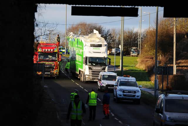 An Asda lorry crashed into the rail bridge on the A803 Glasgow Road, Camelon. Picture: Michael Gillen.
