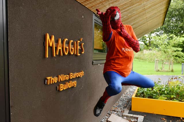 Scott Linton, dressed as Spiderman, completed his 10,000 steps a day for 30 days challenge in aid of Maggie's last Friday.  Pic: Michael Gillen