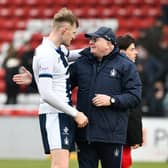 09-03-2024. Picture Michael Gillen. STIRLING. Forthbank Stadium. Stirling Albion FC v Falkirk FC. Season 2023 - 2024. Matchday 28. SPFL cinch League One. Coll Donaldson 6 and John McGlynn smiling at the end of the game.