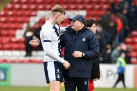 09-03-2024. Picture Michael Gillen. STIRLING. Forthbank Stadium. Stirling Albion FC v Falkirk FC. Season 2023 - 2024. Matchday 28. SPFL cinch League One. Coll Donaldson 6 and John McGlynn smiling at the end of the game.