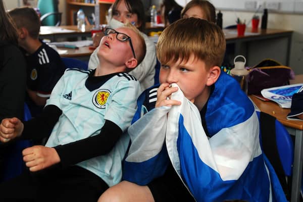 P6B pupils at Denny Primary got to watch the opening gamer today ... but it didn't end well as the Scots went down to defeat.
(Pic: Michael Gillen)