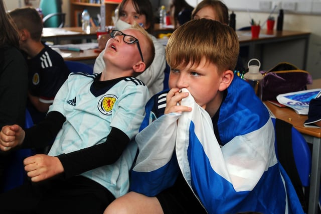 P6B pupils at Denny Primary got to watch the opening gamer today ... but it didn't end well as the Scots went down to defeat.
(Pic: Michael Gillen)