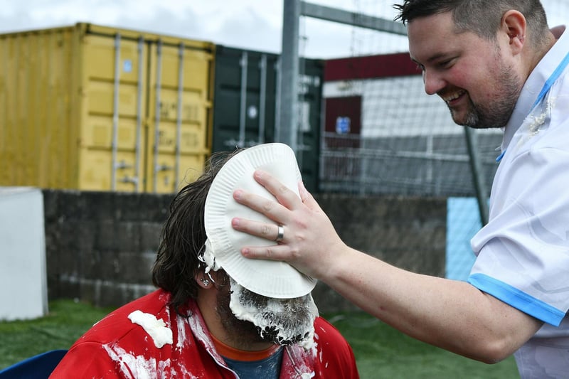 Gary Thorn gets a pie in the face.