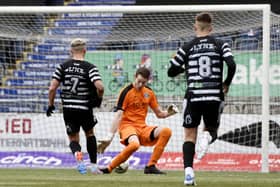 Niyah Joseph nets his second goal for East Stirlingshire against Dalbeattie Star (Pics by Alan Murray)