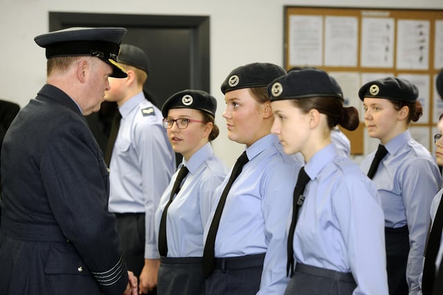 Members of 470 (Falkirk) Squadron line up in 2018 for the Lee's Trophy Inspection by Regional Commander for the Air Training Corps Scotland and Northern Ireland Region, Jim Leggat.