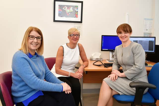 Professor Lis Neubeck, head of cardiovascular health at Edinburgh Napier University; Jackie Turnbull, patient; and Dr Anne Scott, consultant cardiologist Forth Valley Royal Hospital. Pic: Michael Gillen