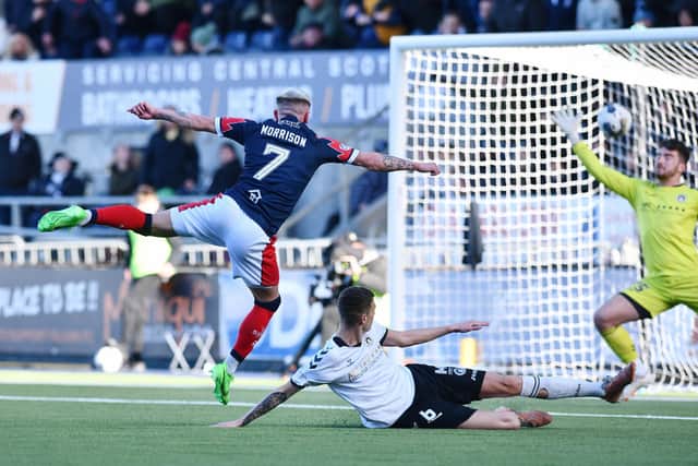 23-03-2024. Picture Michael Gillen. FALKIRK. Falkirk Stadium. Falkirk FC v Edinburgh City FC. Season 2023 - 2024. Matchday 30. SPFL cinch League One. Third goal Falkirk, Callumn Morrison 7.