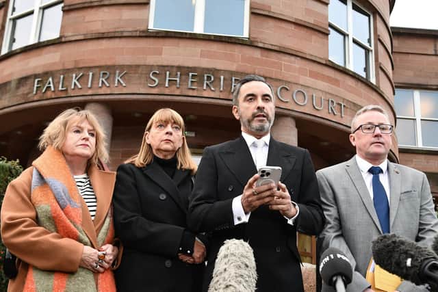 Solicitor Aamer Anwar holds a press conference outside Falkirk Sheriff Court on the first day of the joint fatal accident inquiry into the deaths of Katie Allan and William Lindsay (Brown) at Polmont YOI
(PIcture: Michael Gillen, National World)