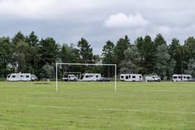 Some of the traveller caravans and vehicles at the Stirling Road playing fields. Pic: Michael Gillen