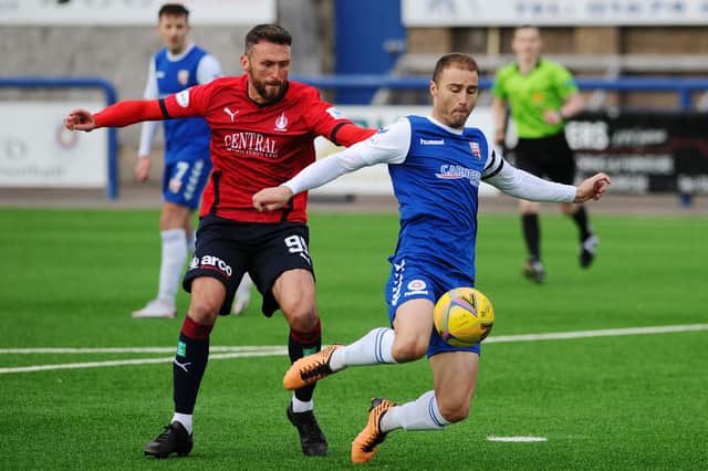 Action from the opening weekend of the League 1 season back in October as Falkirk co-manager/player Lee Miller competes for the ball with Montrose captain Sean Dillon at Links Park