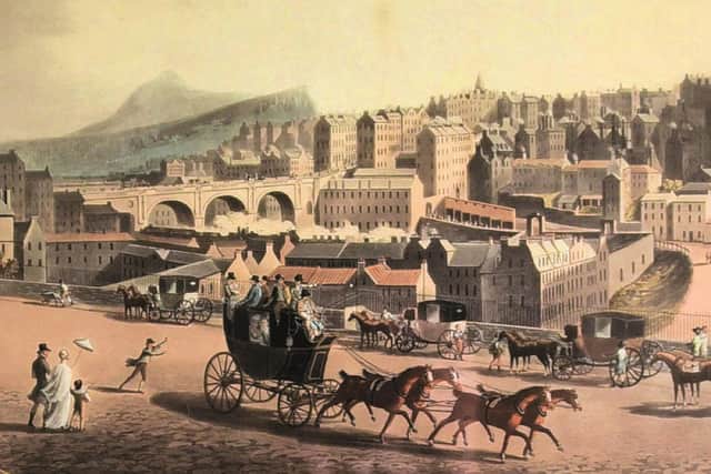 Horse drawn carriages in Princes Street around 1814