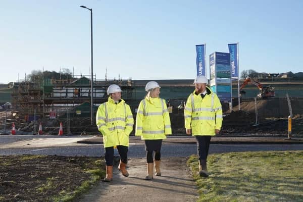 Development sales manager, Grant Woodward; development sales manager, Catherine Coleman; and site manager, Duncan Currie at Antonine Brae. Pic: Contributed