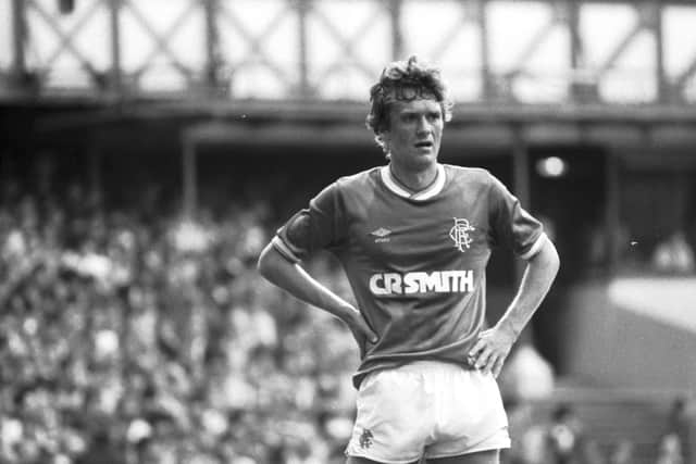 Rangers' Dougie Bell without his teeth during the Rangers v Hearts football match at Ibrox in August 1985. Final score 3-1 to Rangers
