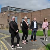 Hallglen Hub members Donna Hannah and Margaret Gardner join MSP Michael Matheson and Development Trust Association Scotland's Louisa Macdonnell, Lynn Molleson and Mark McRitchie at the former Hallglen Sports Hall